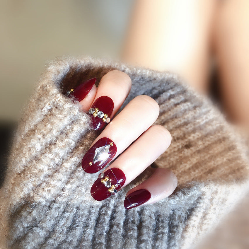 Fashion  nail Finished Nail Beauty Red Diamond Embedded round Head Nail Stickers False Nail Finished Product Prosthetic Hand Nail Shaped Piece Bride Nail S36