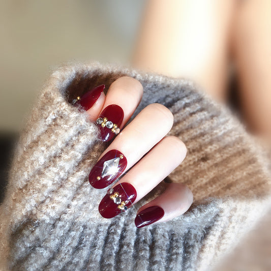 Fashion  nail Finished Nail Beauty Red Diamond Embedded round Head Nail Stickers False Nail Finished Product Prosthetic Hand Nail Shaped Piece Bride Nail S36