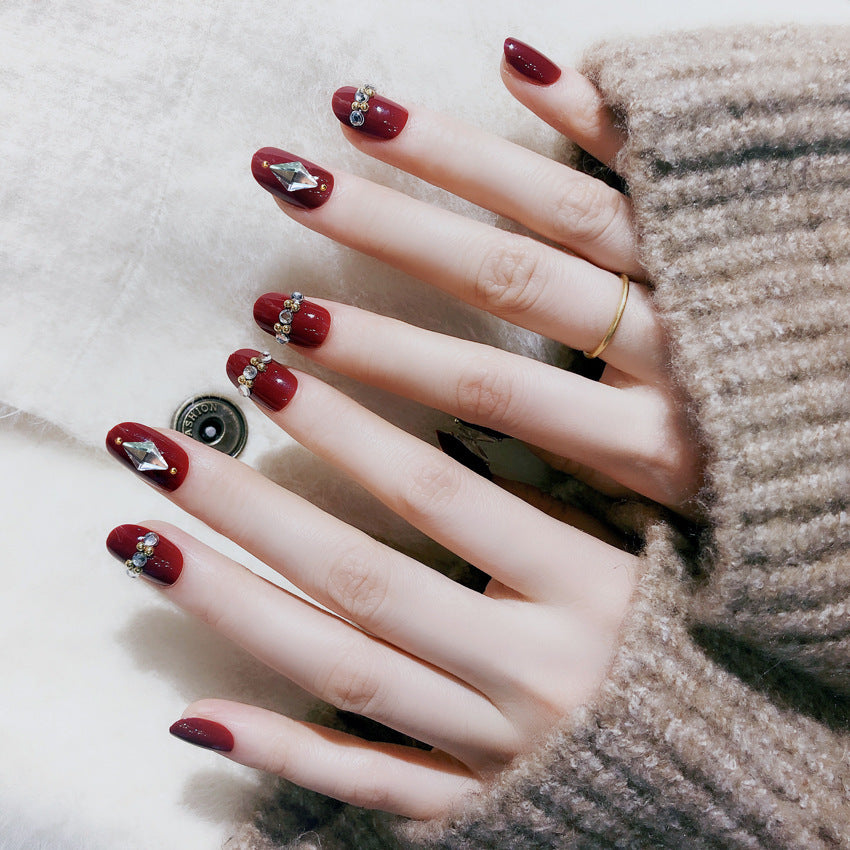 Fashion  nail Finished Nail Beauty Red Diamond Embedded round Head Nail Stickers False Nail Finished Product Prosthetic Hand Nail Shaped Piece Bride Nail S36