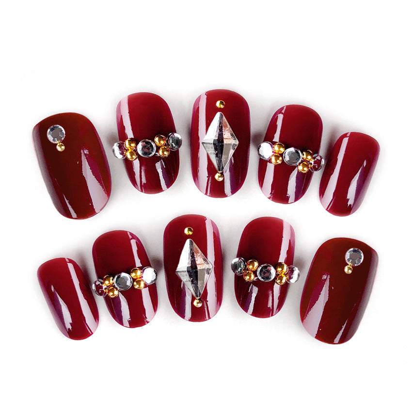 Fashion  nail Finished Nail Beauty Red Diamond Embedded round Head Nail Stickers False Nail Finished Product Prosthetic Hand Nail Shaped Piece Bride Nail S36