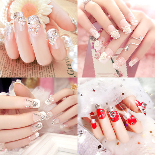 Fashion  nail Finished Manicure 24 Pieces Boxed Fake Nails Pearl Small Flower Bride Nail Stickers Bride Nail Collection
