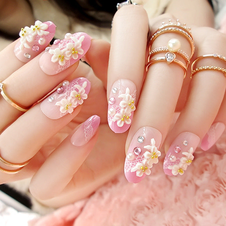 Fashion  nail Finished Manicure 24 Pieces Boxed Fake Nails Pearl Small Flower Bride Nail Stickers Bride Nail Collection
