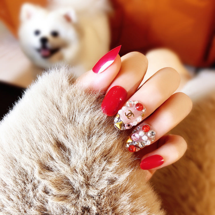 Fashion  nail Tina Finished Fake Nails Red round Head Nail Patch Fashion Diamond-Embedded Finished Nail Beauty Nail Sticker S29