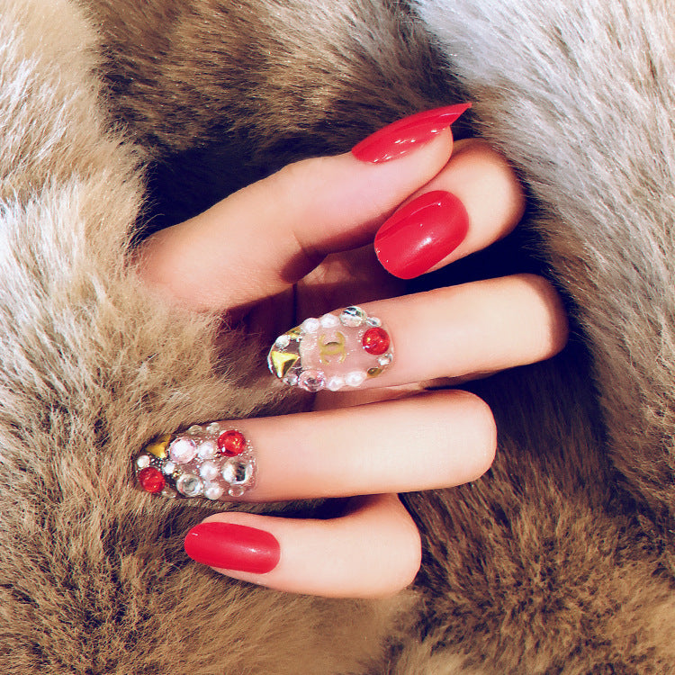 Fashion  nail Tina Finished Fake Nails Red round Head Nail Patch Fashion Diamond-Embedded Finished Nail Beauty Nail Sticker S29