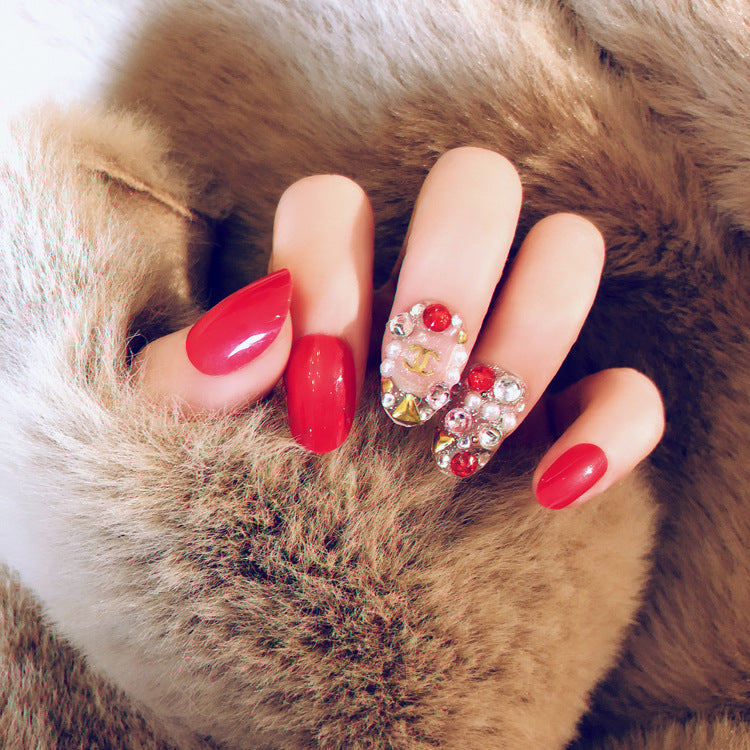 Fashion  nail Tina Finished Fake Nails Red round Head Nail Patch Fashion Diamond-Embedded Finished Nail Beauty Nail Sticker S29