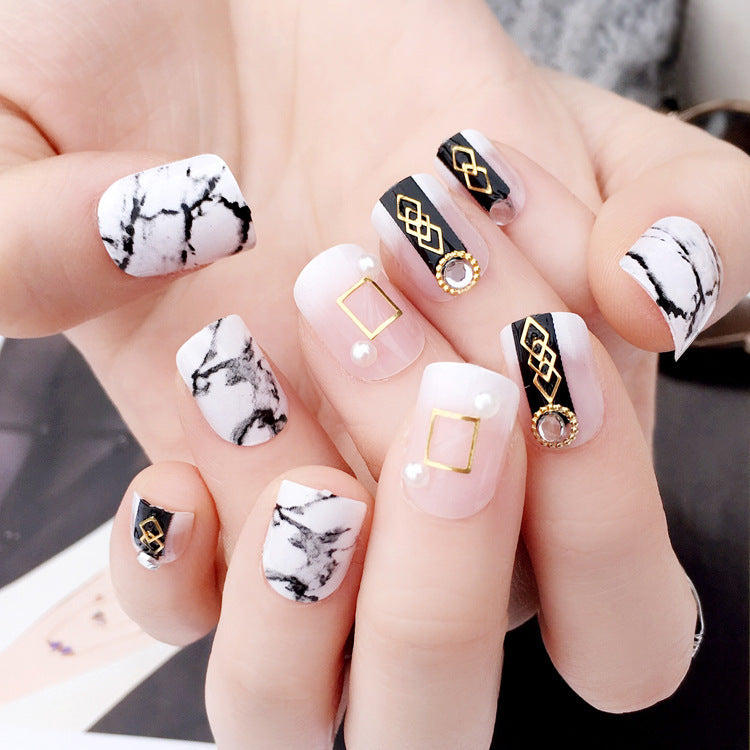 Fashion  nail Finished Nail Beauty Wear a Japanese Marbling Fashion Black Fake Nails 24 Pieces C66