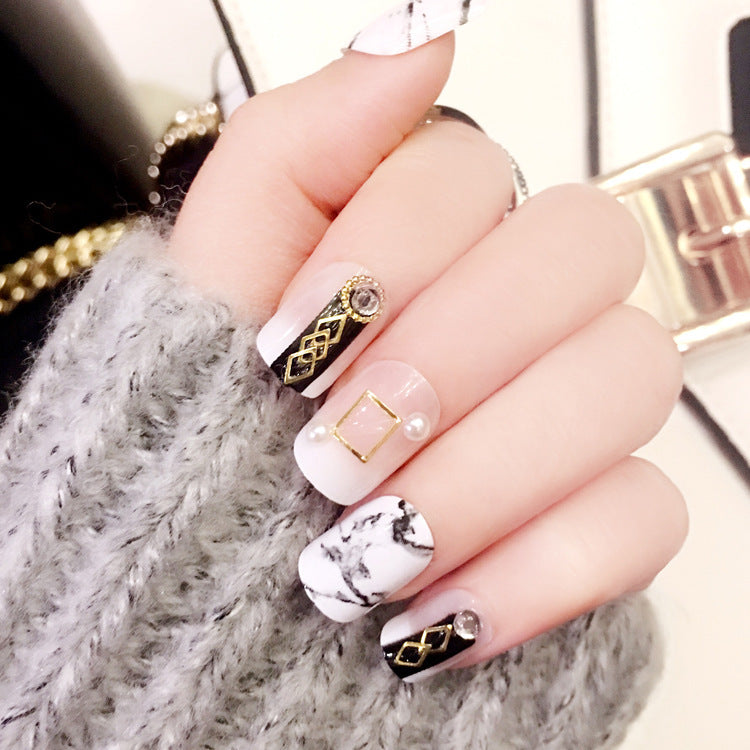 Fashion  nail Finished Nail Beauty Wear a Japanese Marbling Fashion Black Fake Nails 24 Pieces C66