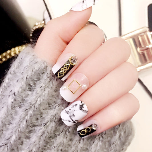 Fashion  nail Finished Nail Beauty Wear a Japanese Marbling Fashion Black Fake Nails 24 Pieces C66