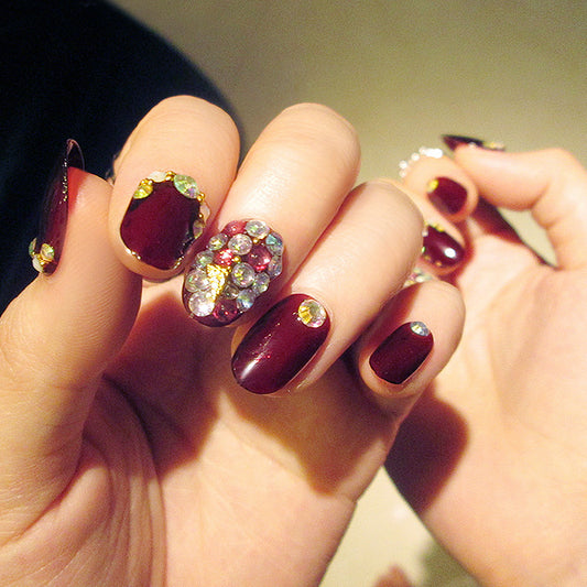 Fashion  nail Finished Nail Beauty Magazine Style Japanese Rhinestone Deep Burgundy Fake Nails 24 Pieces UV Nail L28