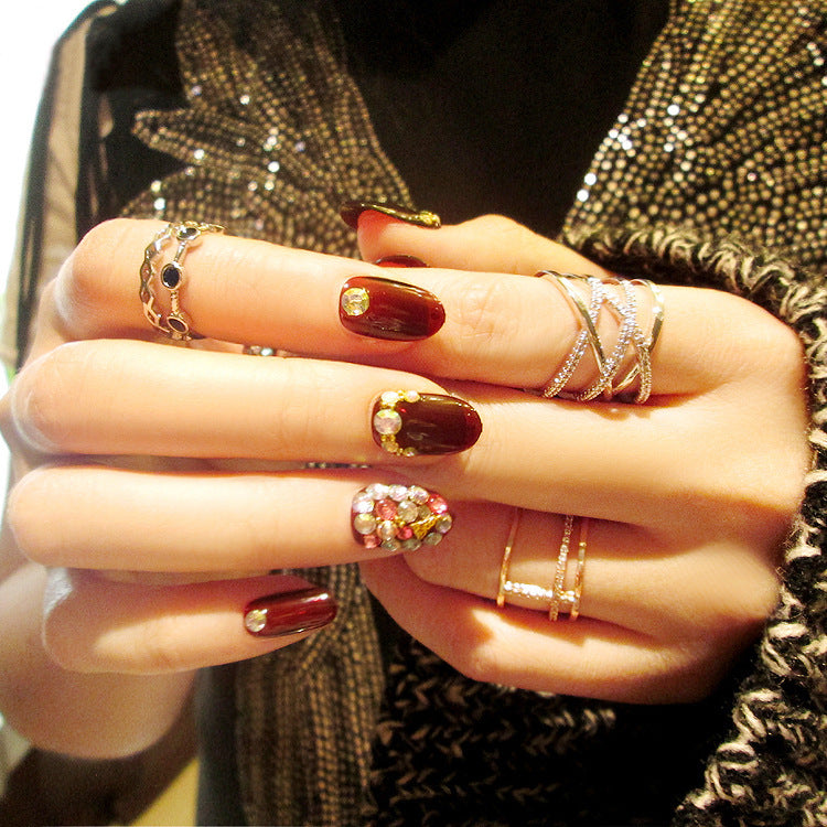 Fashion  nail Finished Nail Beauty Magazine Style Japanese Rhinestone Deep Burgundy Fake Nails 24 Pieces UV Nail L28