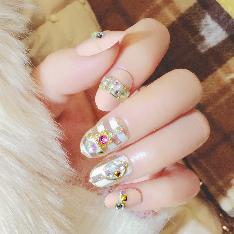 Fashion  nail Finished Nail Beauty Fashion Nude Color Popular round Head Rivet Fake Nail Patch 24 Pieces UV Nail L33