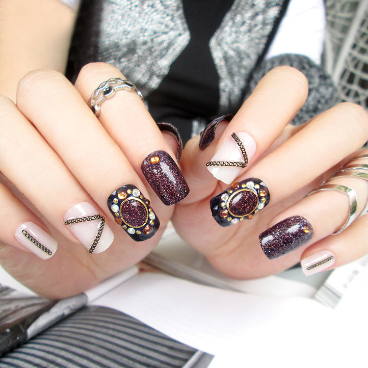 Fashion  nail Finished Nail Beauty Magazine Style Japanese Glitter Chain Fake Nails 24 Pieces UV Nail L29