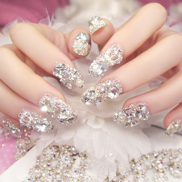 Fashion  nail Wear Nail Finished Manicure 24 Pieces Boxed Fake Nails Wholesale Shining Gem Bride Nail Stickers U36