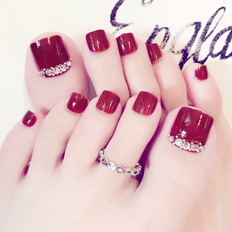 Fashion  nail Tina Finished Nail Beauty Fake Nail Patch Wine Red Same Style Toe Nail Toe Nail Nail Shaped Piece 24 Pieces J51