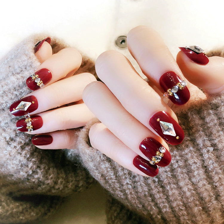 Fashion  nail Finished Nail Beauty Red Diamond Embedded round Head Nail Stickers False Nail Finished Product Prosthetic Hand Nail Shaped Piece Bride Nail S36