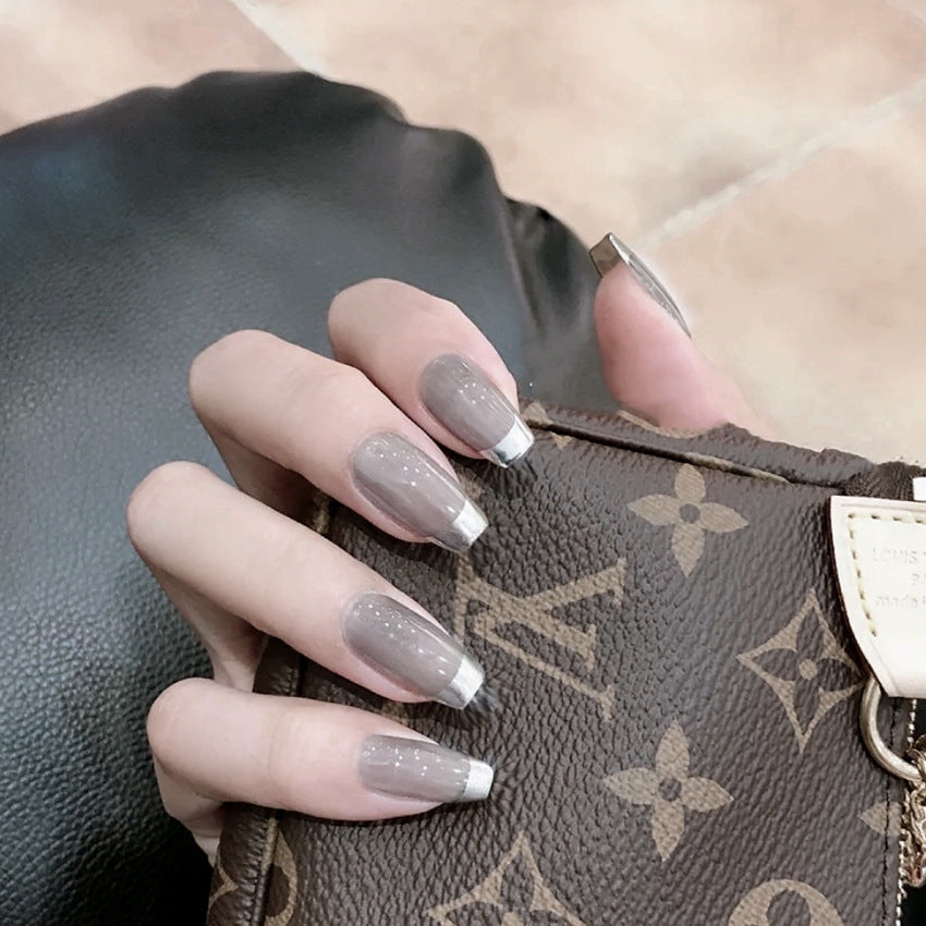 Fashion  nail Peach Nail Silver French Fake Nail Tip Wear Nail Stickers Finished Product Nail Tip Stickers 24 Pieces Ballet Nail S85