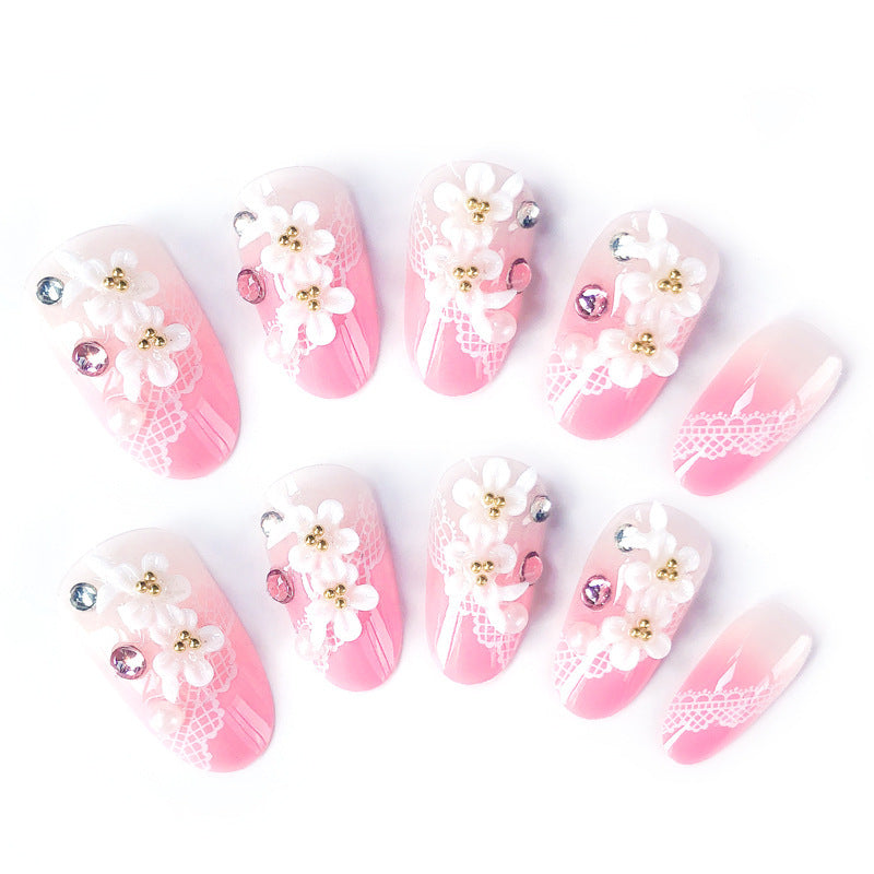 Fashion  nail Finished Manicure 24 Pieces Boxed Fake Nails Pearl Small Flower Bride Nail Stickers Bride Nail Collection
