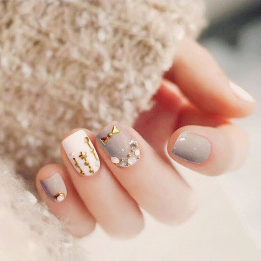 Fashion  nail Finished Nail Beauty Magazine Style Japanese Granny Grey Fake Nails 24 Pieces UV Nail L19