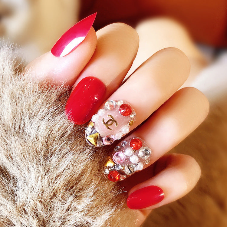 Fashion  nail Tina Finished Fake Nails Red round Head Nail Patch Fashion Diamond-Embedded Finished Nail Beauty Nail Sticker S29