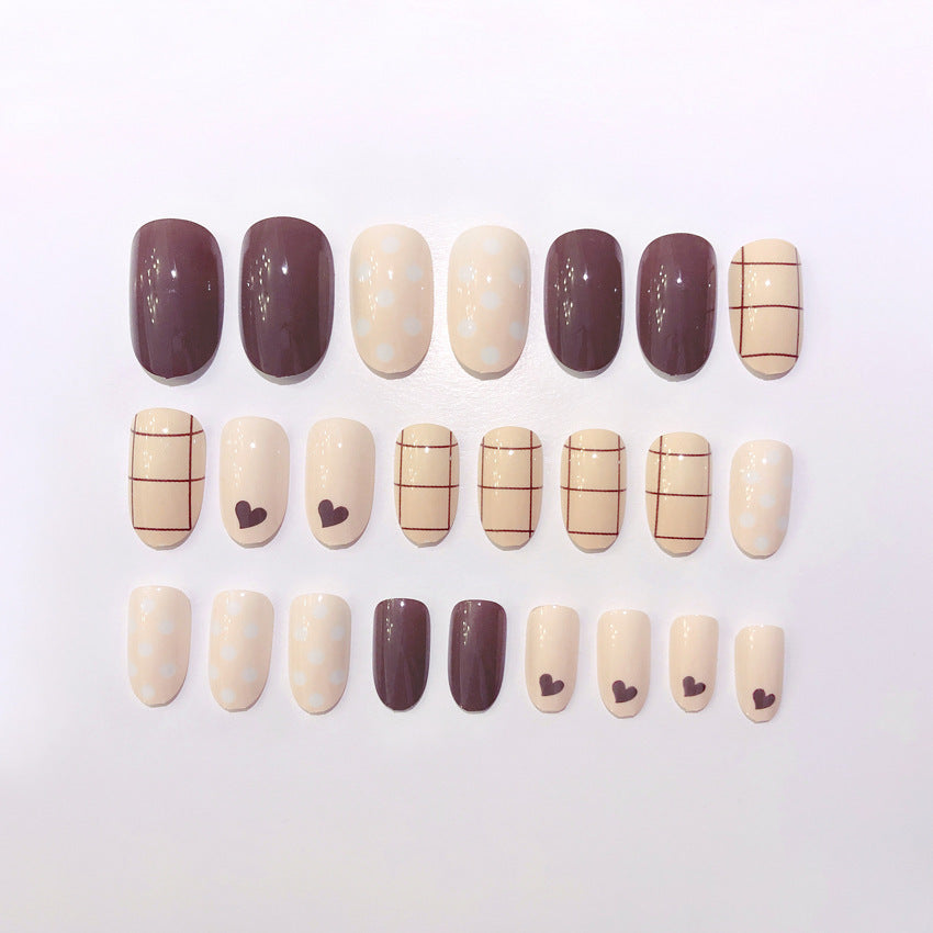Fashion  nail Finished Nail Beauty Internet Celebrity Same Ins Plaid Fake Nails round Head Nail Stickers S69