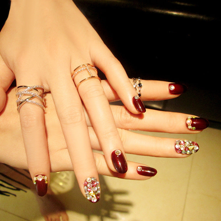 Fashion  nail Finished Nail Beauty Magazine Style Japanese Rhinestone Deep Burgundy Fake Nails 24 Pieces UV Nail L28