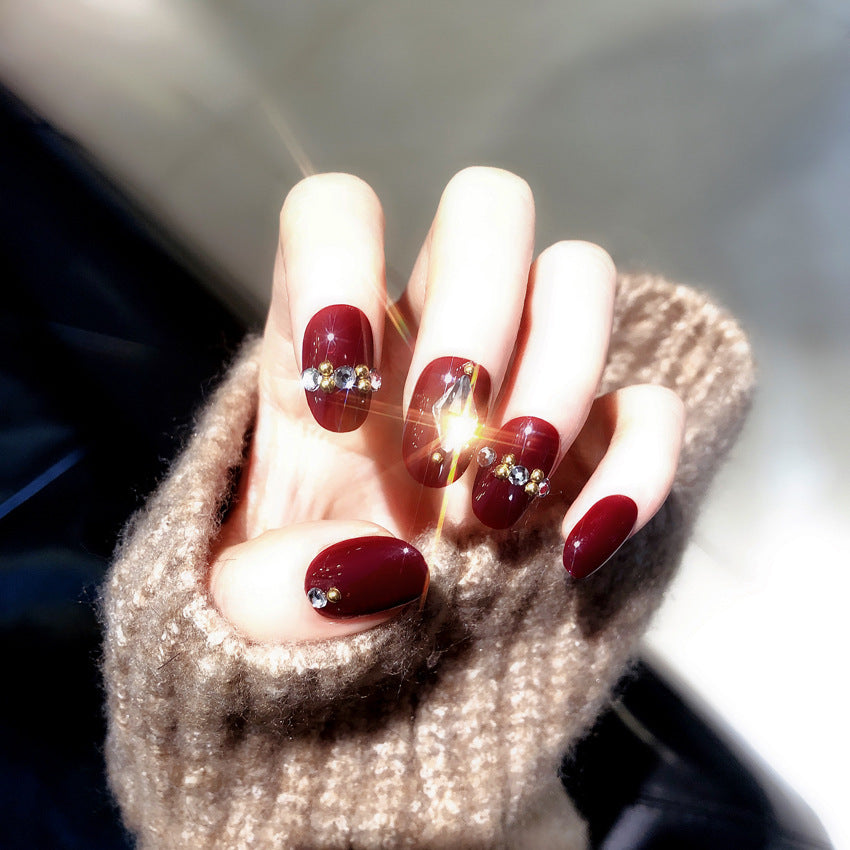 Fashion  nail Finished Nail Beauty Red Diamond Embedded round Head Nail Stickers False Nail Finished Product Prosthetic Hand Nail Shaped Piece Bride Nail S36