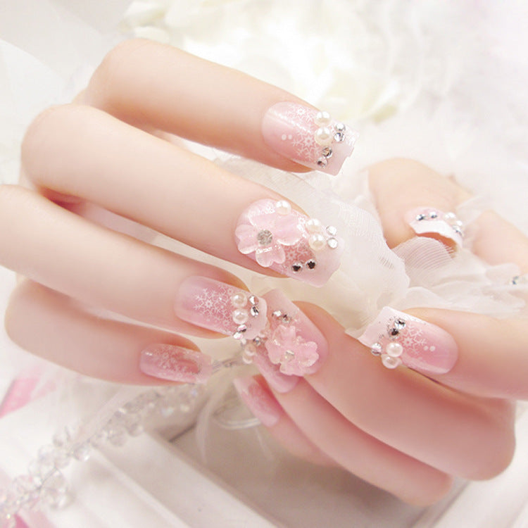 Fashion  nail Finished Manicure 24 Pieces Boxed Fake Nails Pearl Small Flower Bride Nail Stickers Bride Nail Collection
