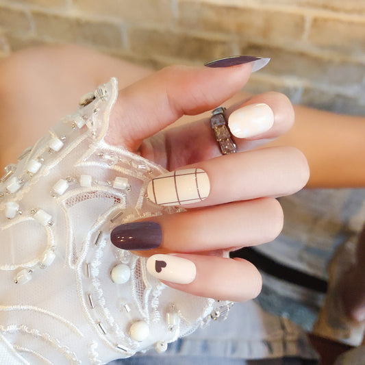 Fashion  nail Finished Nail Beauty Internet Celebrity Same Ins Plaid Fake Nails round Head Nail Stickers S69
