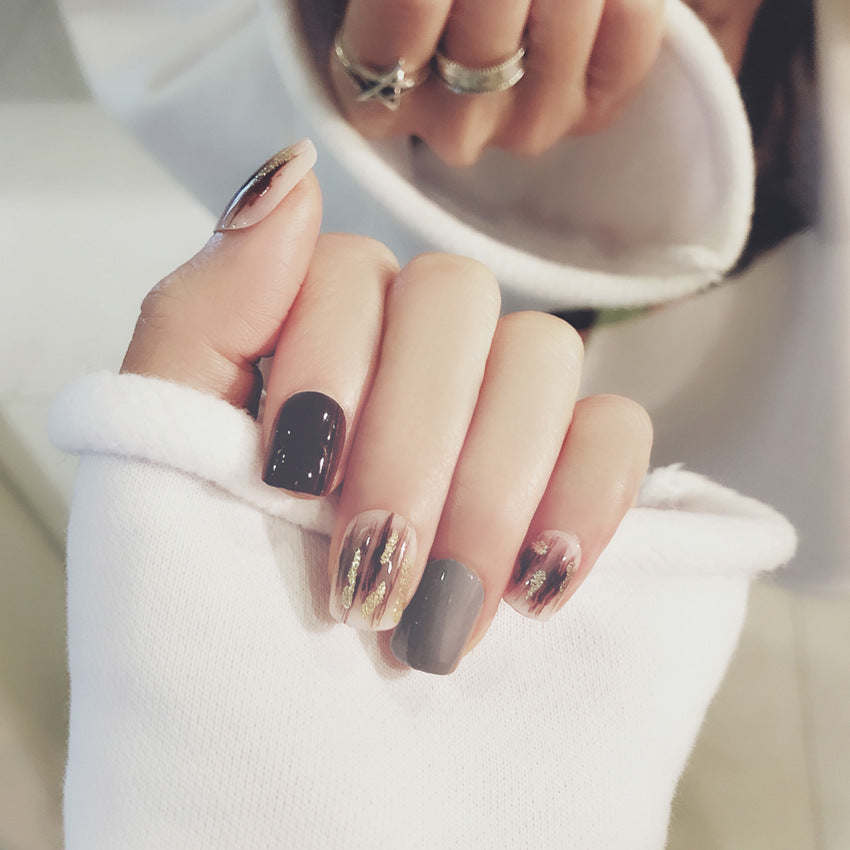 Fashion  nail Finished Nail Beauty Internet Celebrity Same Style Wearing Armor Rendering Gold Powder Fake Nails Sequins Nail Stickers S39