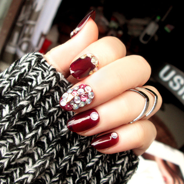 Fashion  nail Finished Nail Beauty Magazine Style Japanese Rhinestone Deep Burgundy Fake Nails 24 Pieces UV Nail L28