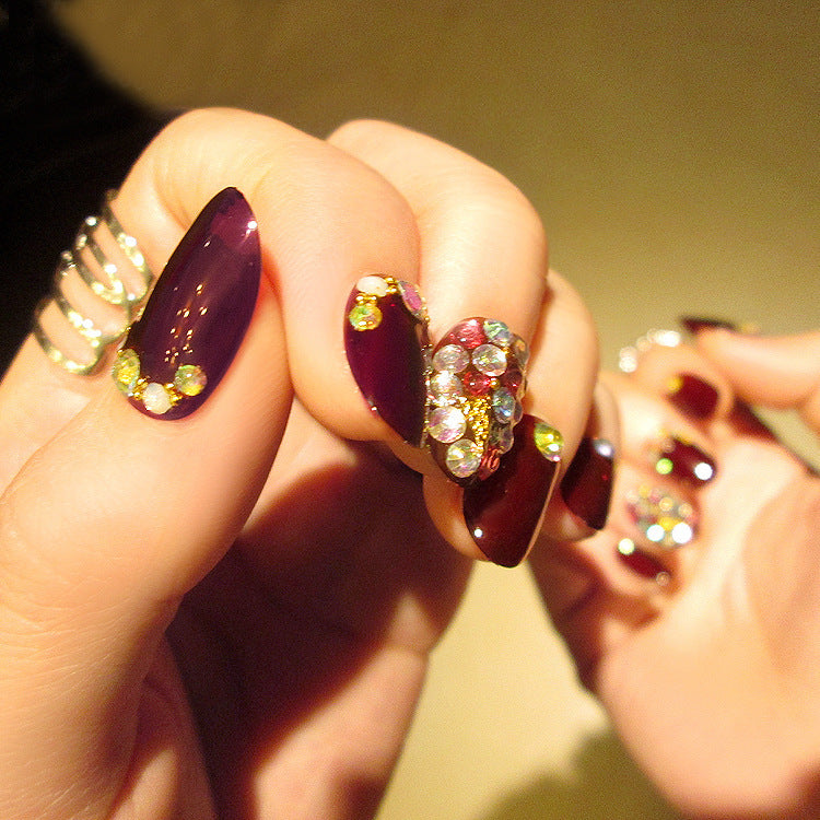 Fashion  nail Finished Nail Beauty Magazine Style Japanese Rhinestone Deep Burgundy Fake Nails 24 Pieces UV Nail L28