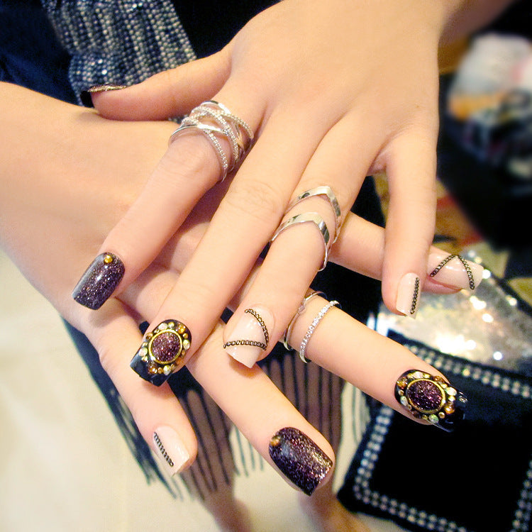 Fashion  nail Finished Nail Beauty Magazine Style Japanese Glitter Chain Fake Nails 24 Pieces UV Nail L29