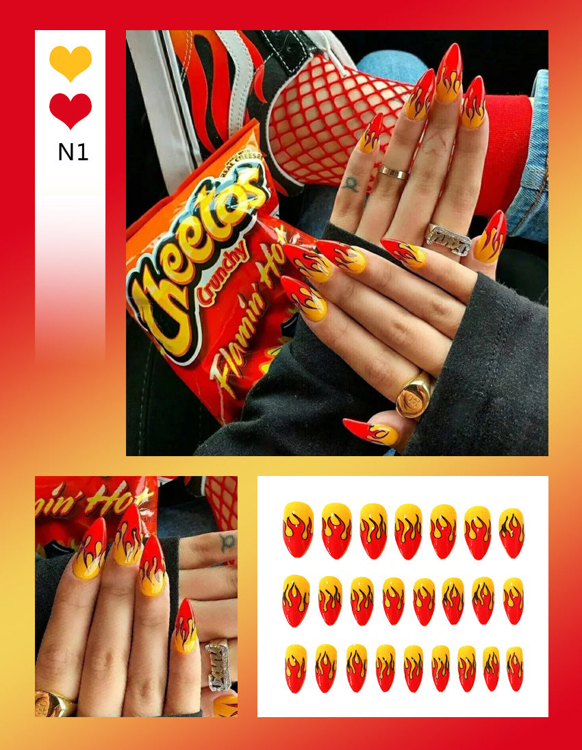 Fashion  nail Tina Manicure European and American Flame Fake Nail Tip Wear Nail Stickers Finished Product Nail Tip Stickers 24 Pieces Factory Sales
