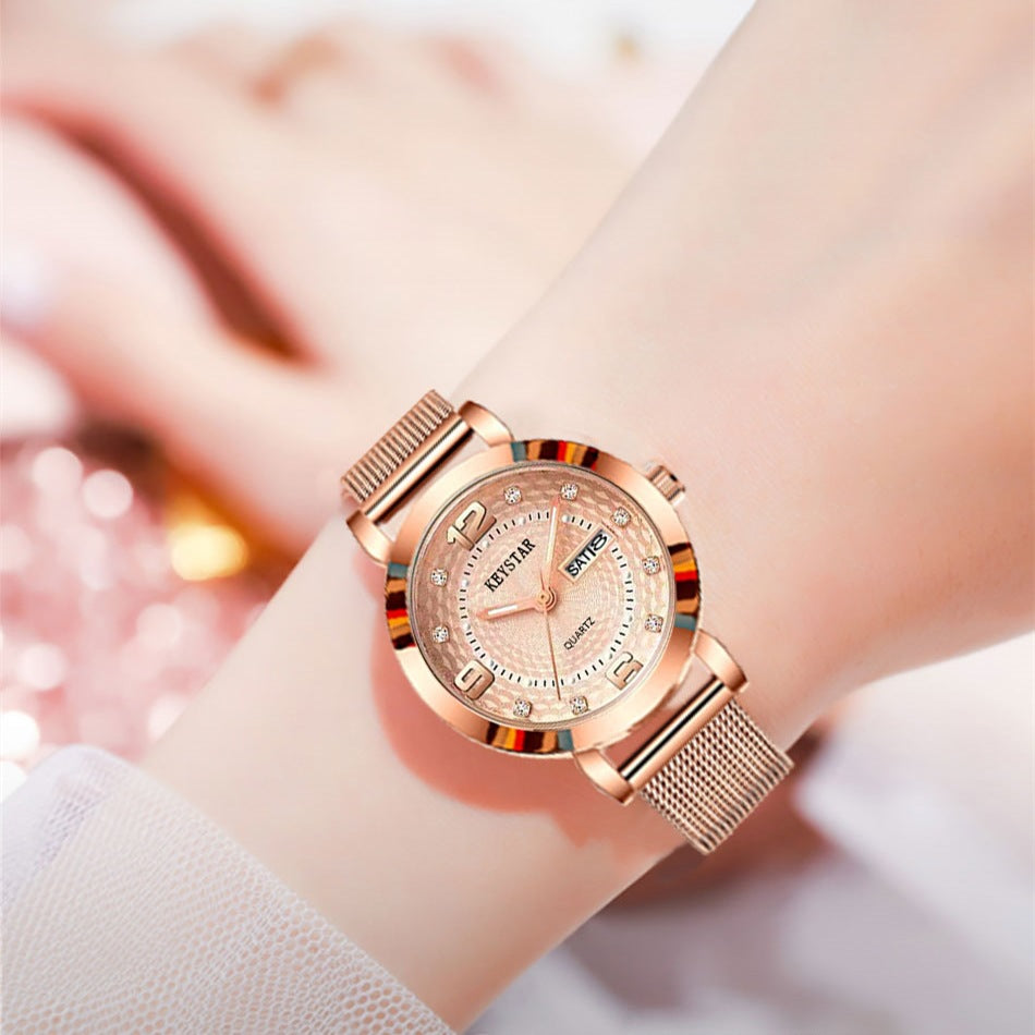 Fashion women's watchWaterproof Luminous Women's Watch Student Korean Style Simple Automatic Non-Mechanical Double Calendar Trendy Internet Celebrity Same Style Watch