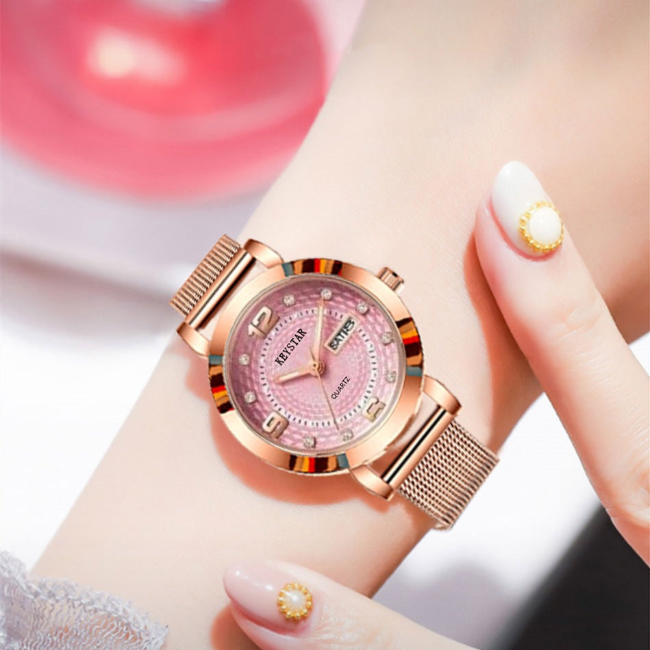 Fashion women's watchWaterproof Luminous Women's Watch Student Korean Style Simple Automatic Non-Mechanical Double Calendar Trendy Internet Celebrity Same Style Watch