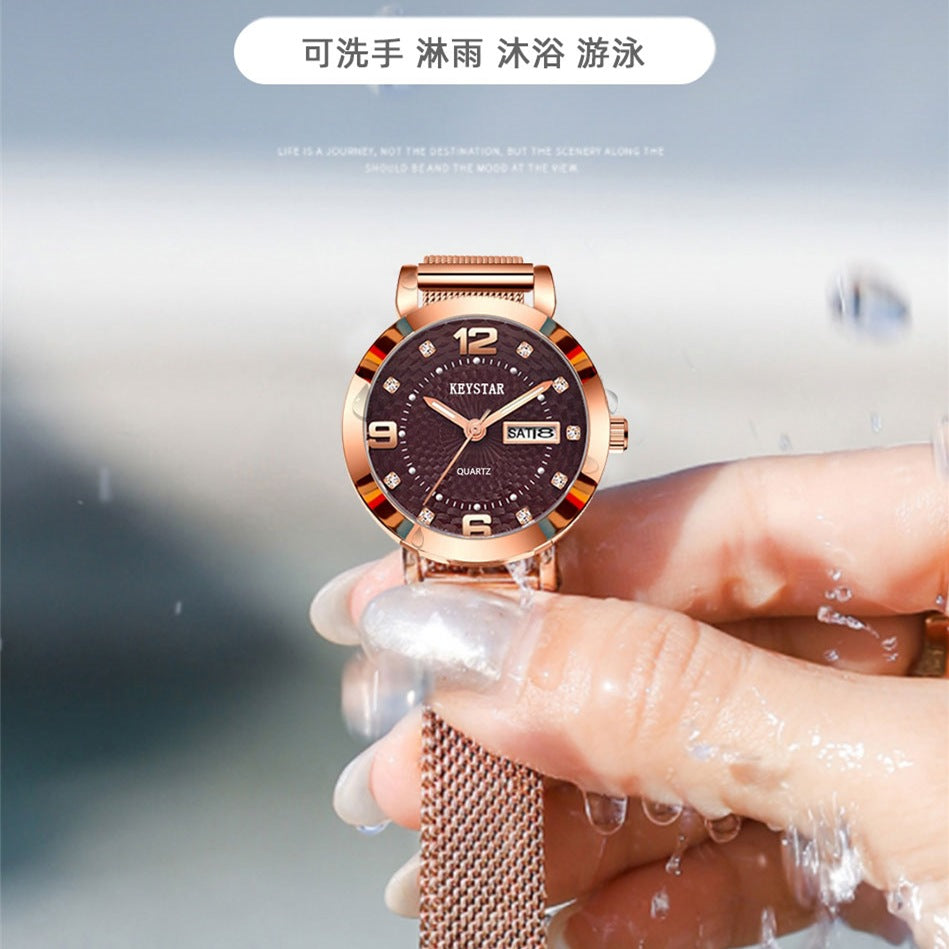 Fashion women's watchWaterproof Luminous Women's Watch Student Korean Style Simple Automatic Non-Mechanical Double Calendar Trendy Internet Celebrity Same Style Watch
