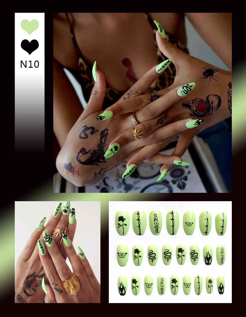 Fashion  nail Manicure European and American Dark Snake Flame Fake Nail Tip Wear Nail Stickers Finished Product Nail Tip Stickers 24 Pieces Manufacturer Sales