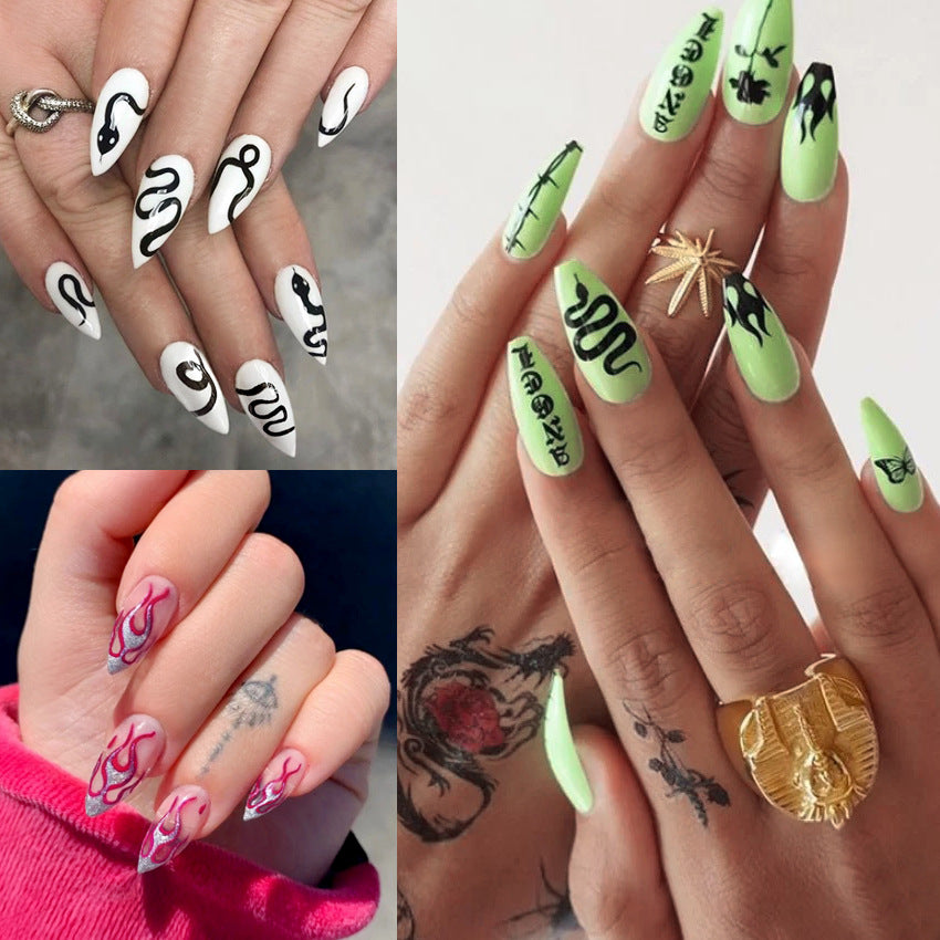 Fashion  nail Manicure European and American Dark Snake Flame Fake Nail Tip Wear Nail Stickers Finished Product Nail Tip Stickers 24 Pieces Manufacturer Sales