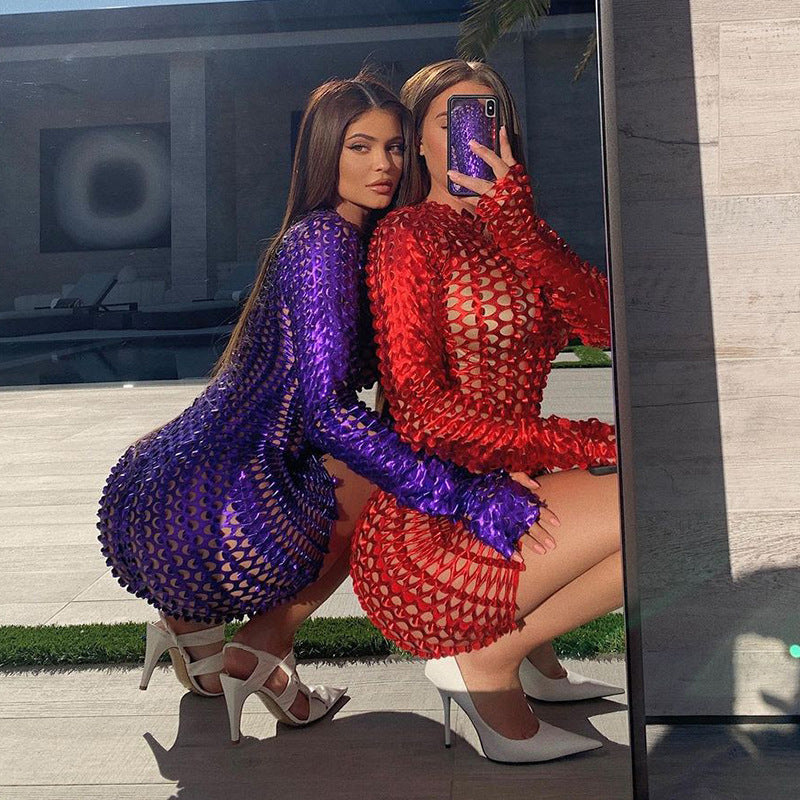 Fashion women's wear Jiujiajiu A20675d AliExpress New Fall Women's Clothing Hole Long Sleeve Narrow Ultra Short Dress Dress