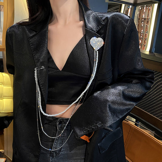 配饰胸针欧美时尚设计爱心镶钻珍珠长款流苏胸针多戴法网红优雅气质配饰女