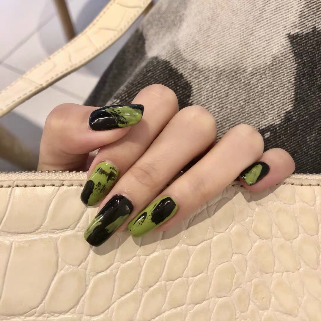 fake nail穿戴美甲成品黑绿未来艺术涂鸦假指甲美甲贴片指甲批发