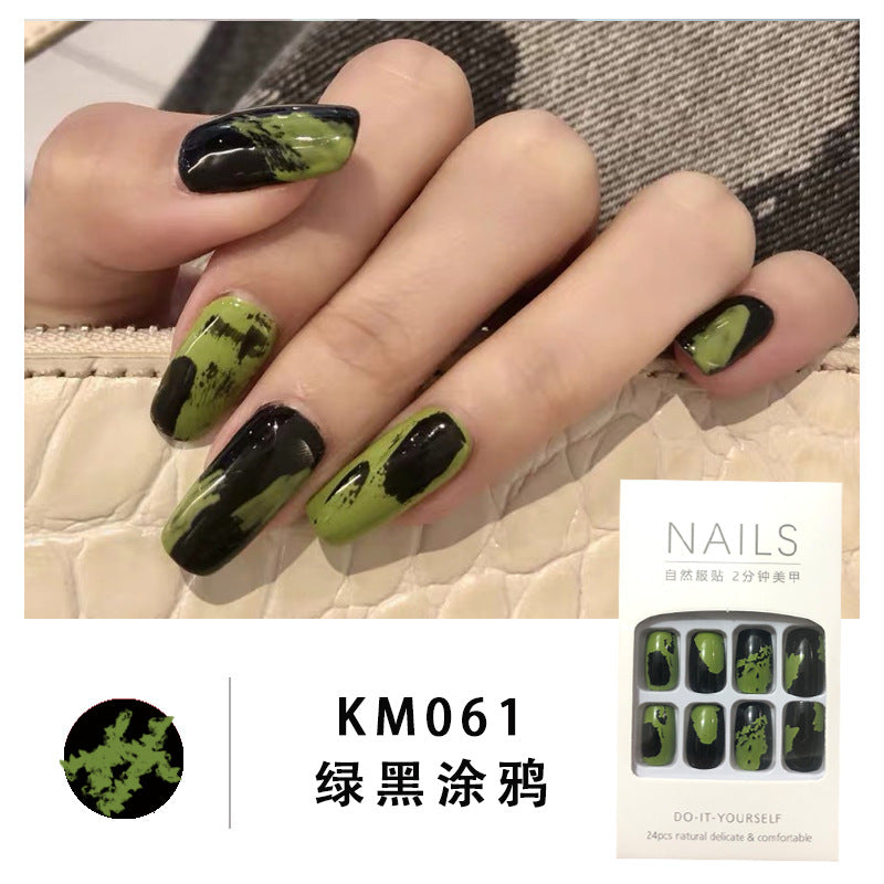 fake nail穿戴美甲成品黑绿未来艺术涂鸦假指甲美甲贴片指甲批发