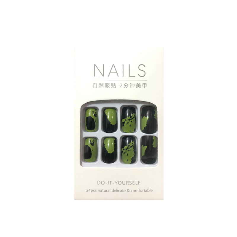 fake nail穿戴美甲成品黑绿未来艺术涂鸦假指甲美甲贴片指甲批发
