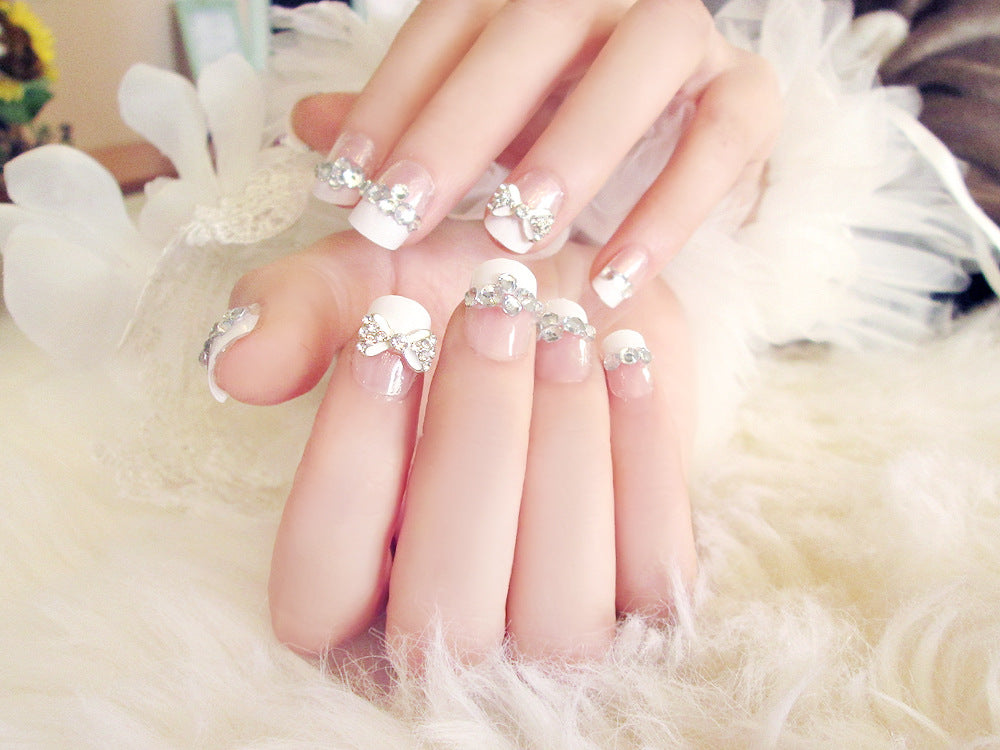 Fashion  nail Finished Nail Beauty Fake Nail Patch Bow French Nail Nail Sticker Nail Shaped Piece 24 Pieces C50
