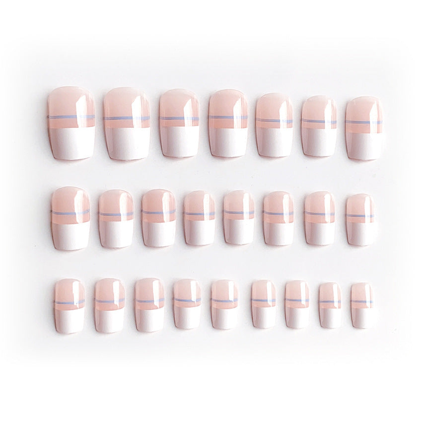 Fashion  nail Internet Celebrity Fake Nail Patch Wear Armor Finished Product Nail Tip French Blue Line Nail Stickers Removable Nail Patch P156