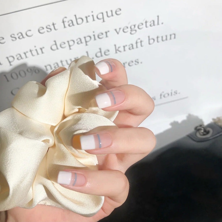 Fashion  nail Internet Celebrity Fake Nail Patch Wear Armor Finished Product Nail Tip French Blue Line Nail Stickers Removable Nail Patch P156