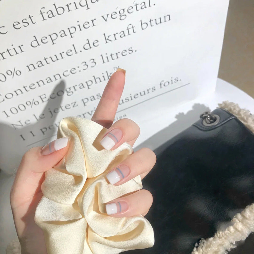 Fashion  nail Internet Celebrity Fake Nail Patch Wear Armor Finished Product Nail Tip French Blue Line Nail Stickers Removable Nail Patch P156
