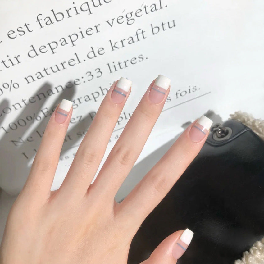 Fashion  nail Internet Celebrity Fake Nail Patch Wear Armor Finished Product Nail Tip French Blue Line Nail Stickers Removable Nail Patch P156