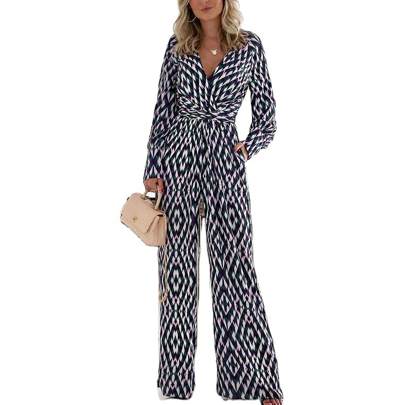 Dopamine pants Free shipping Tattoo 2024 autumn and winter cross-border ebay European and American women's jumpsuit trend geometric print V-neck slim-fitting long-sleeved trousers