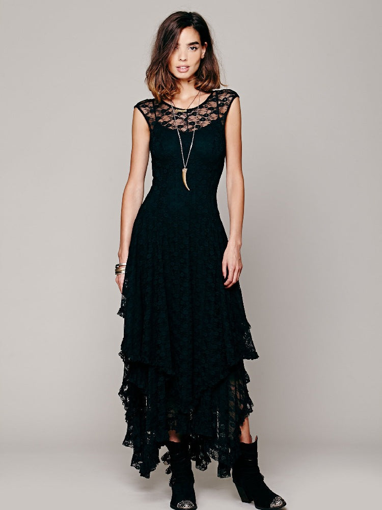 Fashion women's wear European Station Fashion Women's Wear Popular Irregular High and Low Lace Dress Sexy Long Dress